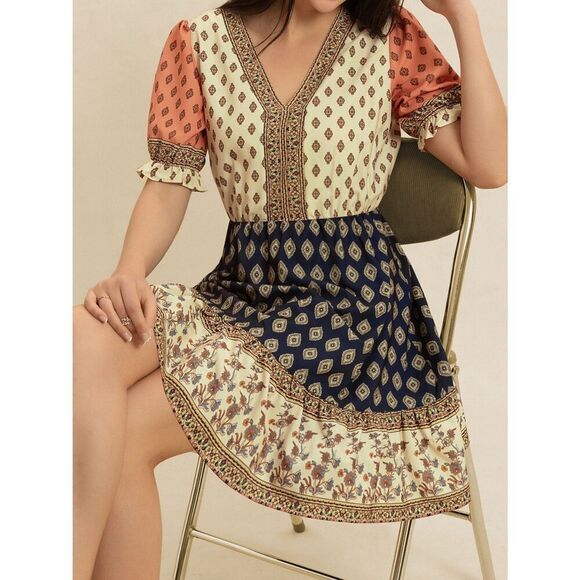 Casual Mod Print Colorblock Dotted V-Neck Short Sleeve Country Dress Sz XL - Picture 3 of 10